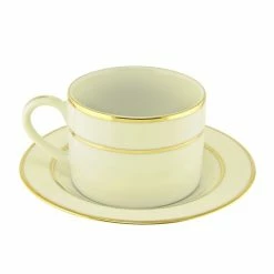 Cream Double Gold Dinnerware 10 Strawberry Street CGLD0009 6 Oz. Cream Double Gold Line Can Cup And Saucer